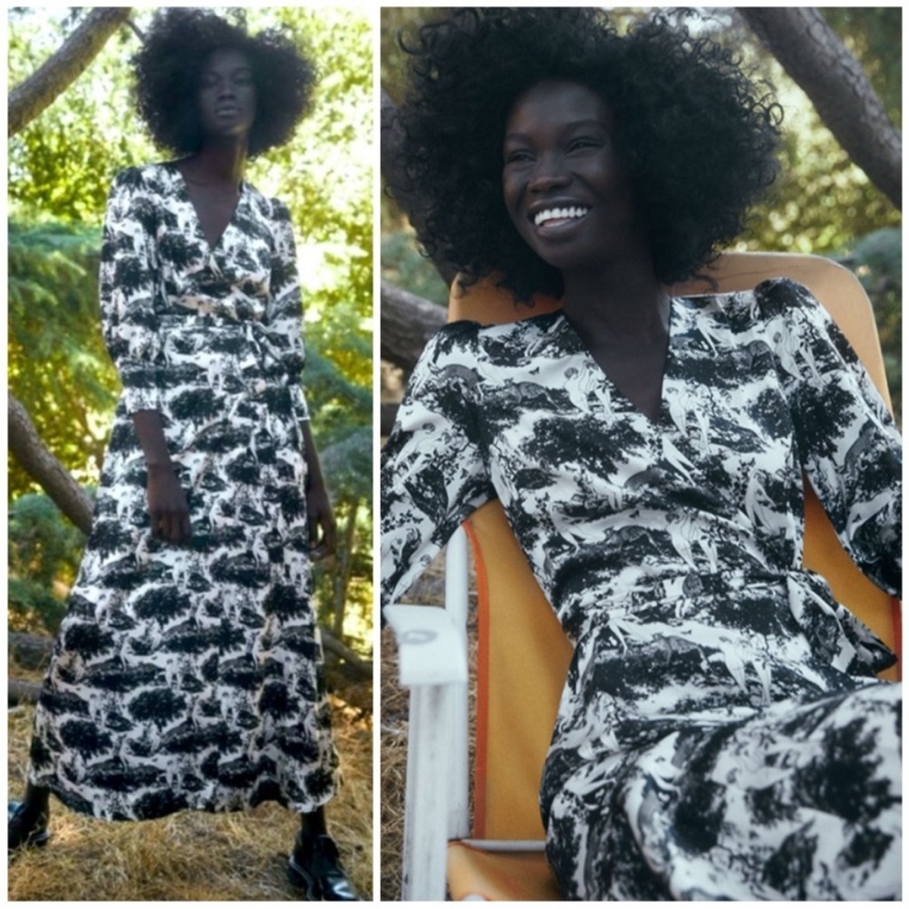 Reformation Merrick Silk Wrap Dress In Elysian Print Black White New Size Large